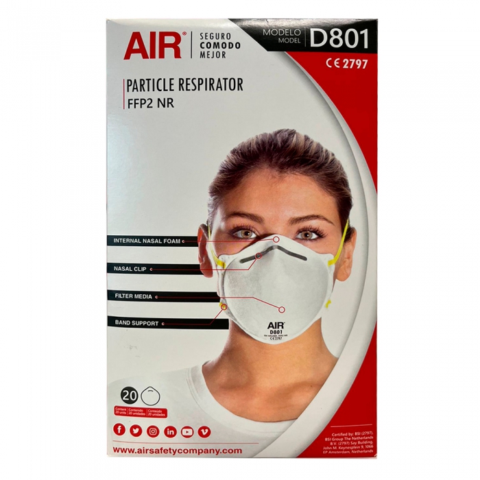 Respirador Desechable Air Safety D801 Ffp2 Nr de Polipropileno Blanco PParticulas SolidasLiquidas AcuosasLiquidas Aceitosas Eficiencia 94% CClip Nasal  image number null