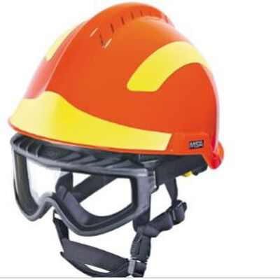 CASCO MSA GALLET F2 XTREM NARANJA FLURORESCENTE VENTILADO BARBIQUEJO DE 3 PUNTOS GOGGLES RESPONDER PORTALMPARA Y STICKERS EN AMARILLO