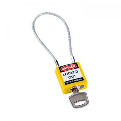 Candado Brady de Nylon Amarillo Cable de Acero Recubierto de Pvc 5 Pasadores Llave Diferente CCable de 20 Cm