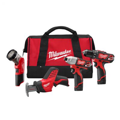 COMBO KIT TALADRO MILWAUKEE 249824 38IN LLAVE DE IMPACTO 14IN SIERRA SABLE Y LAMPARA DE TRABAJO M12 FUEL