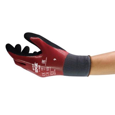 GUANTE ANSELL EDGE PUSO GENERAL FORRO DE POLIESTER DOBLE RECUBRIMIENTO DE NITRILO NEGRO ROJO PUÑO ELASTICO T6