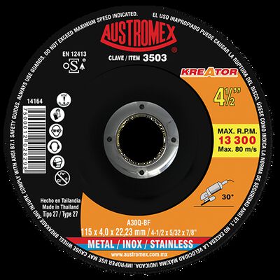 DISCO AUSTROMEX 3503 PARA DESBASTE Y CORTE 2 EN 1 PARA ACERO AL CARBON Y ACERO INOXIDABLE DE 115 X 4 X 22.23KREATOR TIPO 27 DIMENSION 115 X 4 X 22.23 ESPECIFICACION A30QBF #