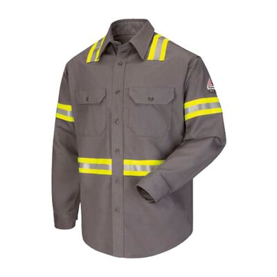 CAMISA BULWARK DE ALGODONNYLON GRIS 7 OZ CAT 2 ATPV 8.6 CALCM2 RESISTENTE A FLAMA MANGA LARGA CCINTAS REFLEJANTES LIMAPLATALIMA TL