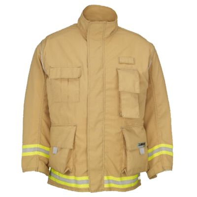 CHAQUETON DE BOMBERO LAKELAND DUAL PARA COMBATE DE INCENDIO FORESTAL Y TRABAJOS DE BUSQUEDA Y RESCATE URBANO CERTIFICADO POR NFPA 19771951 CAPA EXTERIOR EN DEFENDER M ORO CINTA SEGMENTADA TERMOFUSIONADA DE 3 IN LIMAPLATALIMA Y POPOTILLO REFLEJANTE EN MANGAS HOMBROS Y ESPALDA SISTEMA DE CIERRE CON CREMALLERA DE TERMOPLSTICO DE ALTA RESISTENCIA Y VELCRO LONGITUD FRONTAL DE 29 IN POSTERIOR DE 34 IN CPINZAS MILITARES EN LA ESPALDA TL