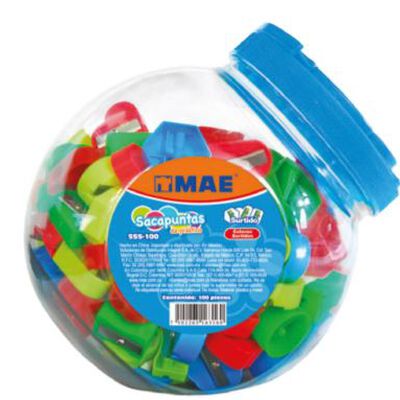 SACAPUNTAS MAE SSS100 PLASTICO BOTE CON 100 PZAS COLORES SURTIDOS