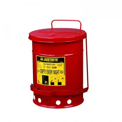 BIDON DE SEGURIDAD JUSTRITE DE ACERO ROJO P/DESECHOS ACEITOSOS C/PEDAL LEVANTA TAPA CAP 6 GAL