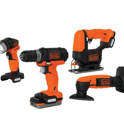 KIT 4 HERRAMIENTAS ELECTRICAS MULTIPROYECTOS BLACK and DECKER BDCK502C1 INCLUYE UN TALADRO UNA SIERRA DE CALAR UNA LIJADORA Y UNA LINTERNA LED