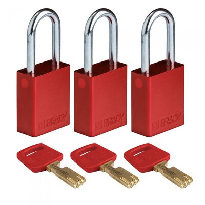 KIT DE 3 CANDADOS BRADY ALURED38STKA3PK DE ALUMINIO ROJO PBLOQUEO LLAVES IGUALES