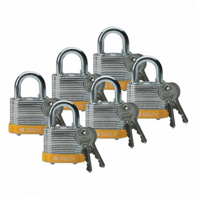 CANDADO BRADY DE ACERO TOPE AMARILLO 5 PERNOS ARCO DE 34 IN C6 PZAS LLAVE DIFERENTE