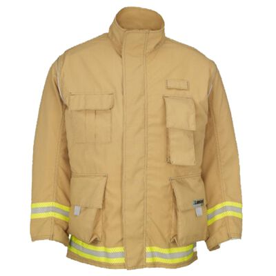 CHAQUETON DE BOMBERO LAKELAND DUAL PARA COMBATE DE INCENDIO FORESTAL Y TRABAJOS DE BUSQUEDA Y RESCATE URBANO CERTIFICADO POR NFPA 19771951 CAPA EXTERIOR EN DEFENDER M ORO CINTA SEGMENTADA TERMOFUSIONADA DE 3 IN LIMAPLATALIMA Y POPOTILLO REFLEJANTE EN MANGAS HOMBROS Y ESPALDA SISTEMA DE CIERRE CON CREMALLERA DE TERMOPLSTICO DE ALTA RESISTENCIA Y VELCRO LONGITUD FRONTAL DE 29 IN POSTERIOR DE 34 IN CPINZAS MILITARES EN LA ESPALDA TM