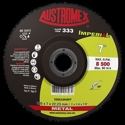 DISCO AUSTROMEX 333 CON CENTRO DEPRIMIDO PARA DESBASTE DE METAL TIPO 27 DIMENSION 180 X 7 X 22.23 ESPECIFICACION 7SBA20R4BFP