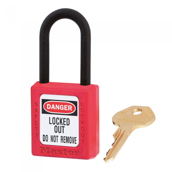 CANDADO DIELECTRICO MASTER LOCK DE TERMOPLASTICO ROJO GRILLETE DE NYLON DE 1 12 IN CLLAVE IGUAL  image number null