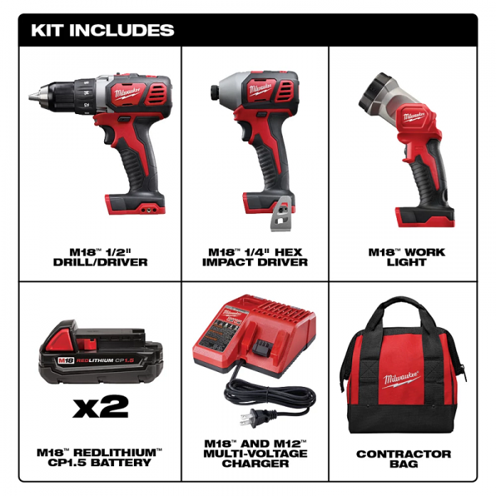 COMBO KIT TALADRO MILWAUKEE 269123 DESTORNILLADOR DE 12IN LLAVE DE IMPACTO 38IN M18 FUEL LAMPARA DE TRABAJO  image number null