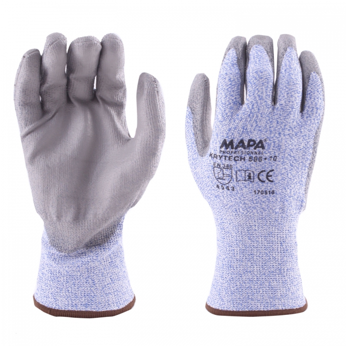 GUANTE MAPA KRYTECH 586 RESISTENTE AL CORTE NIVEL 5 DE POLIURETANO/SOPORTE TEXTIL DE HDPE AZUL T-8  image number null