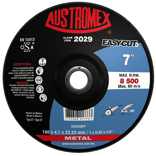 DISCO AUSTROMEX 2029 CON CENTRO DEPRIMIDO PARA CORTE DE METAL TIPO 27 DIMENSION 180 X 4.1 X 22.23 ESPECIFICACION A24R4BFP  image number null