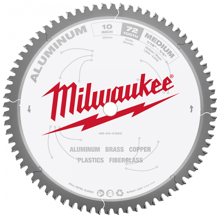 HOJA MILWAUKEE 48404360 PARA CORTE DE ALUMINIO CSB 72T DE 10IN 254MM 58IN 15.8MM  image number null
