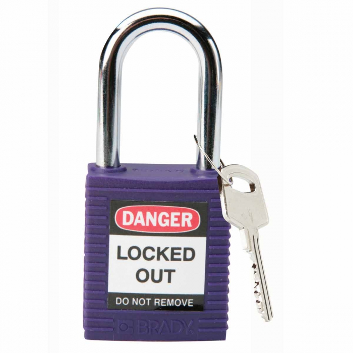 CANDADO DE SEGURIDAD BRADY CUERPO NYLON MORADO Y GRILLETE DE ACERO PBLOQUEO  image number null