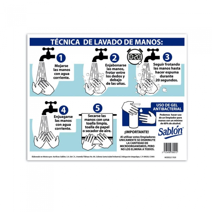 SEÑALAMIENTO SABLON 7865 EN ACRÍLICO DE 40 X 34 CM TÉCNICA DEL LAVADO DE MANOS  image number null