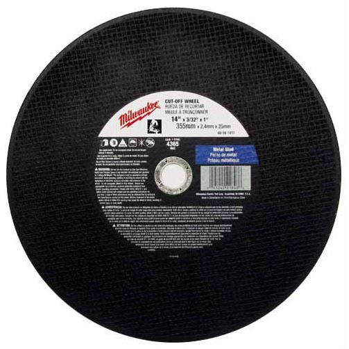 DISCO MILWAUKEE 49941405 ABRASIVO P CORTE METAL 14IN X 332IN OXIDO ALUMINIO ORIFICIO FLECHA 1IN A36P 4365 RPM  image number null