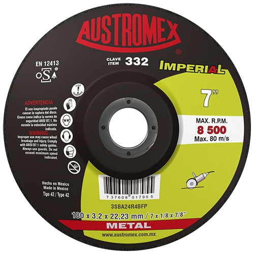DISCO AUSTROMEX 332 CON CENTRO DEPRIMIDO PARA CORTE DE METAL TIPO 42 DIMENSION 180 X 3.2 X 22.23 ESPECIFICACION 3SBA24R4BFP  image number null