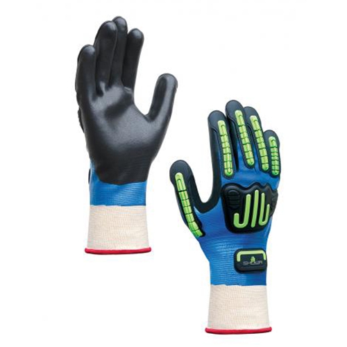 Guante Showa 377Ip de NylonPoliester Azul Recubrimiento de Espuma de Nitrilo Negro y Proteccion contra Impacto en Dorso TL  image number null