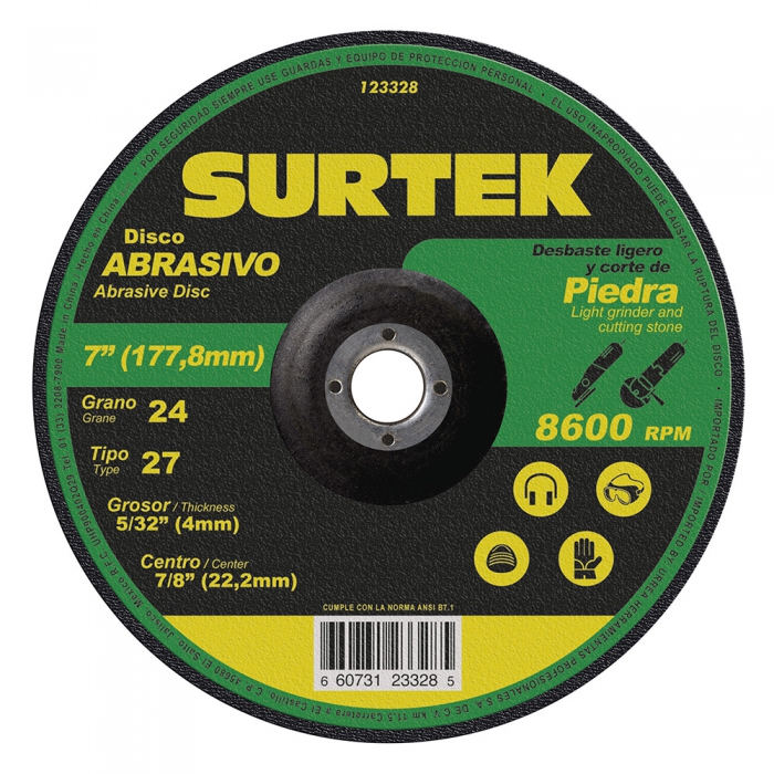 DISCO SURTEK 123328 ABRASIVO TIPO 27 PARA DESBASTE LIGERO Y CORTE DE PIEDRA 7X 532  image number null