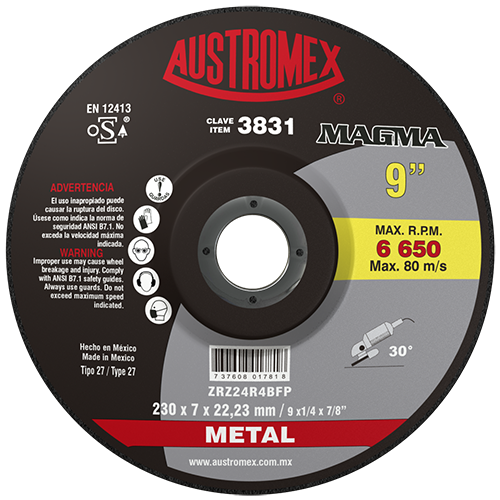 DISCO AUSTROMEX 3831 CON CENTRO DEPRIMIDO PARA DESBASTE DE METAL TIPO 27 DIMENSION 228 X 7 X 22.23 ESPECIFICACION ZRZ24R4BFP  image number null