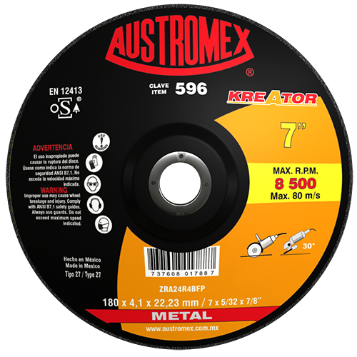 DISCO AUSTROMEX 596 CON CENTRO DEPRIMIDO PARA DESBASTE DE METAL TIPO 27 DIMENSION 180 X 4.1 X 22.23 ESPECIFICACION ZRA24R4BFP  image number null