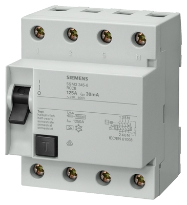 Interruptor Diferencial Siemens 5sm33456 4 Polos Tipo a Entrada 125 a 30 Ma Ac 400 V  image number null