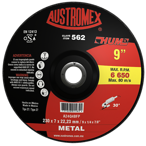 DISCO AUSTROMEX 562 CON CENTRO DEPRIMIDO PARA DESBASTE DE METAL TIPO 27 DIMENSION 230X7X22.23 ESPECIFICACION A24Q4BFP  image number null