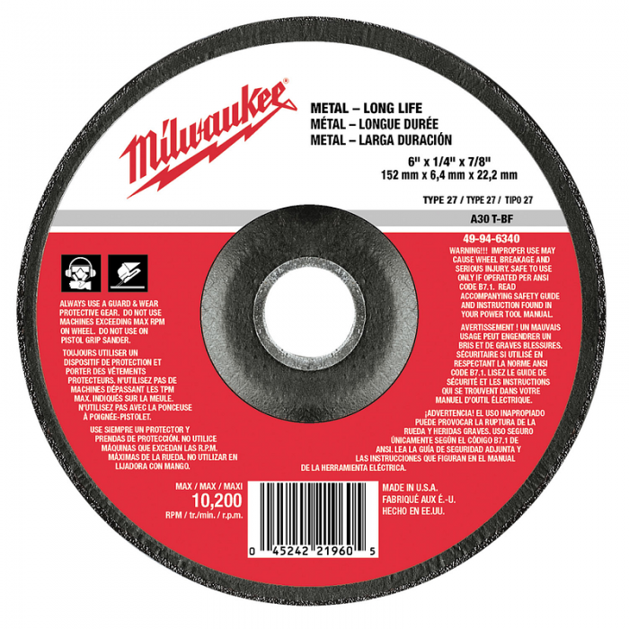 DISCO MILWAUKEE 49946340 P DESBASTE METAL 6IN X 14IN ORIFICIO FLECHA 78IN A24R 10185 RPM TIPO 27  image number null