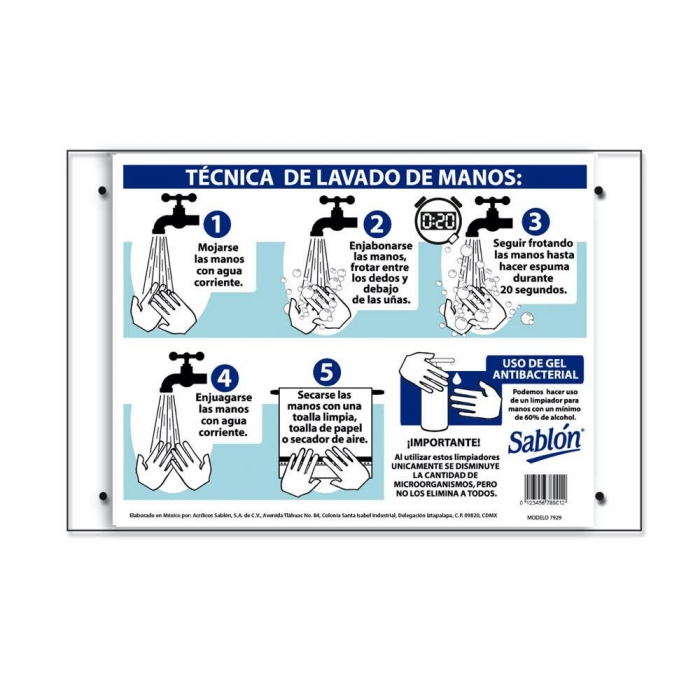 SEÑALAMIENTO SABLON 7775 EN ACRÍLICO DE 35 X 24 CM TÉCNICA DEL LAVADO DE MANOS  image number null