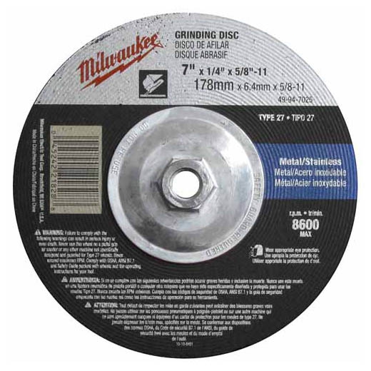 DISCO MILWAUKEE 49947015 P DESBASTE Y CORTE METAL 7IN X 18IN ORIFICIO FLECHA 58IN11 A30S 8600 RPM TIPO 27  image number null