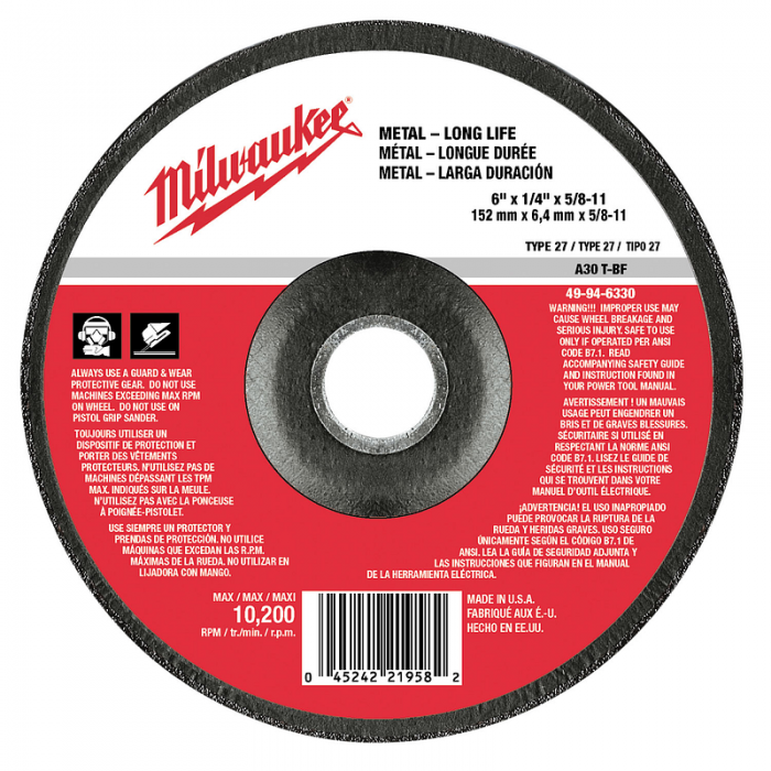 DISCO MILWAUKEE 49946330 P DESBASTE METAL 6IN X 14IN ORIFICIO FLECHA 58IN11 A24R 10185 RPM TIPO 27  image number null