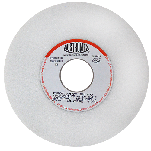 RUEDA AUSTROMEX 176 BLANCA VITRIFICADA PARA ESMERILADO DE ACERO TIPO 1 DIMENSION 150X13X31.75 ESPECIFICACION 89A46K5VA0  image number null