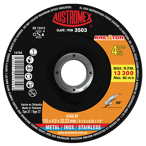 DISCO AUSTROMEX 3503 PARA DESBASTE Y CORTE 2 EN 1 PARA ACERO AL CARBON Y ACERO INOXIDABLE DE 115 X 4 X 22.23KREATOR TIPO 27 DIMENSION 115 X 4 X 22.23 ESPECIFICACION A30QBF #  image number null