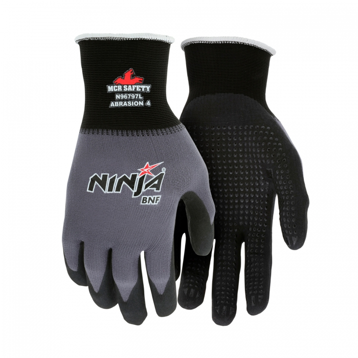 GUANTE MCR DE NYLONSPANDEX CON RECUBRIMIENTO NITRILO ESPUMOSO Y PUNTOS DE AGARRE EN PALMA GRISNEGRO TXS  image number null