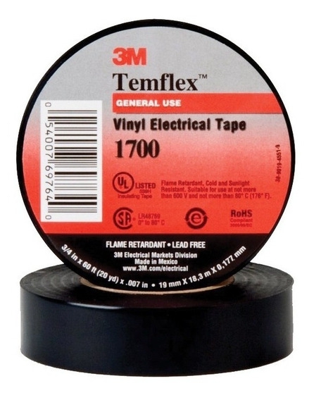 Cinta Elctrica 3m Temflex 1700 de Vinil Negro de 19 Mm X 18.3 M  image number null