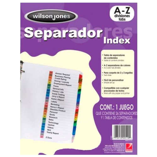 SEPARADORES WILSON JONES P1367 PAPEL ALFABETICO AZ TAMA&Ntilde;O CARTA BLANCO PESTA&Ntilde;A PLASTIFICADO MULTICOLOR JUEGO  image number null