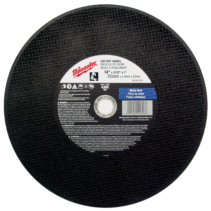 DISCO MILWAUKEE 49941410 ABRASIVO P CORTE METAL 14IN X 332 OXIDO ALUMINIO ORIFICIO FLECHA 1IN A36P 4365 RPM  image number null