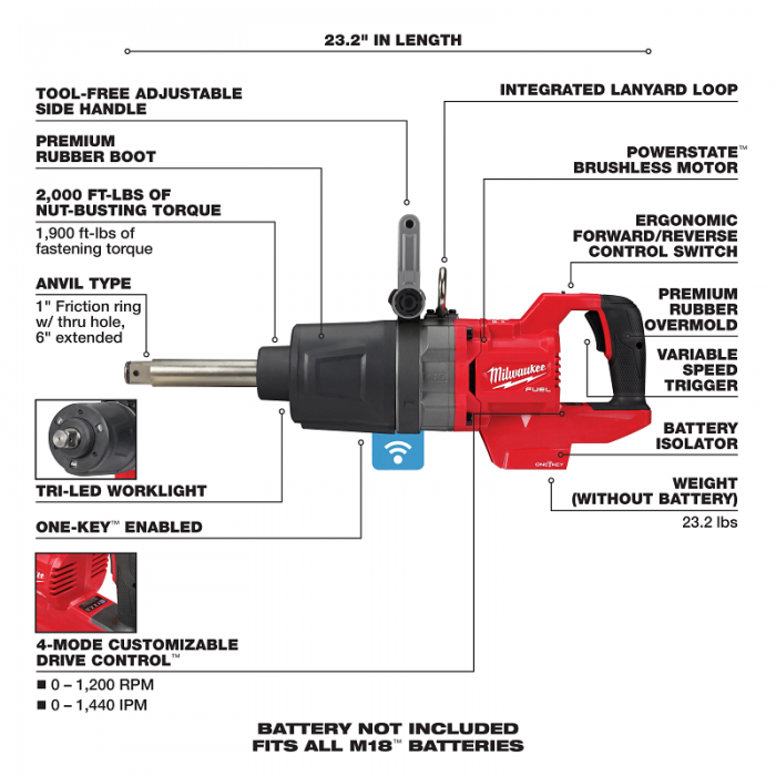 LLAVE MILWAUKEE 286920 DE IMPACTO DE ALTO TORQUE ANVIL MANGO EN FORMA D DE 1IN M18 FUEL CON ONE KEY SOLO HERRAMIENTA  image number null