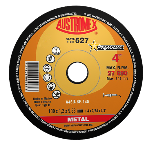 DISCO AUSTROMEX 527 PARA CORTE DE METAL TIPO 41 DIMENSION 100X1.2X9.53 ESPECIFICACION A46UBF145  image number null