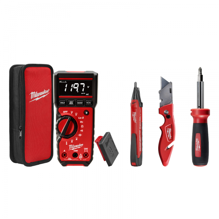 KIT MILWAUKEE 222020 DE ELECTRICISTA MULTIMETRO 221720 DETECTOR DE VOLTAJE 220220NAVAJA FAST BACK 48221901DESARMADOR 11 EN 1 48222114  image number null