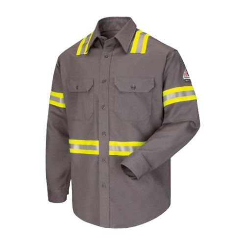 CAMISA BULWARK DE ALGODONNYLON GRIS 7 OZ CAT 2 ATPV 8.6 CALCM2 RESISTENTE A FLAMA MANGA LARGA CCINTAS REFLEJANTES LIMAPLATALIMA TL  image number null