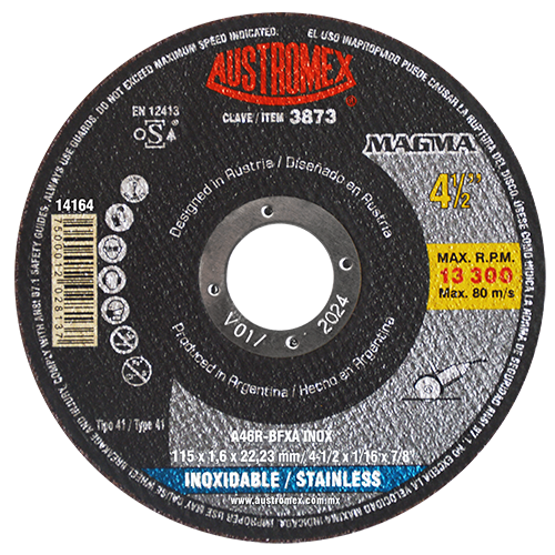 DISCO AUSTROMEX 3873 DE CORTE PARA ACERO INOXIDABLE DE 115 X 1.6 X 22.23 MAGMA TIPO 41 DIMENSION 115 X 1.6 X 22.23 ESPECIFICACION A46RBFXA INOX #  image number null