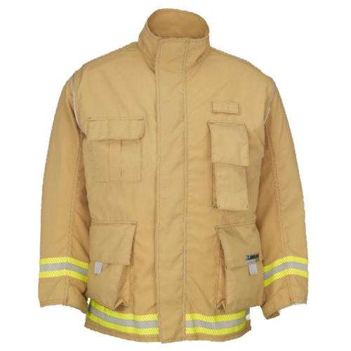 CHAQUETON DE BOMBERO LAKELAND DUAL PARA COMBATE DE INCENDIO FORESTAL Y TRABAJOS DE BUSQUEDA Y RESCATE URBANO CERTIFICADO POR NFPA 19771951 CAPA EXTERIOR EN DEFENDER M ORO CINTA SEGMENTADA TERMOFUSIONADA DE 3 IN LIMAPLATALIMA Y POPOTILLO REFLEJANTE EN MANGAS HOMBROS Y ESPALDA SISTEMA DE CIERRE CON CREMALLERA DE TERMOPLSTICO DE ALTA RESISTENCIA Y VELCRO LONGITUD FRONTAL DE 29 IN POSTERIOR DE 34 IN CPINZAS MILITARES EN LA ESPALDA TL  image number null