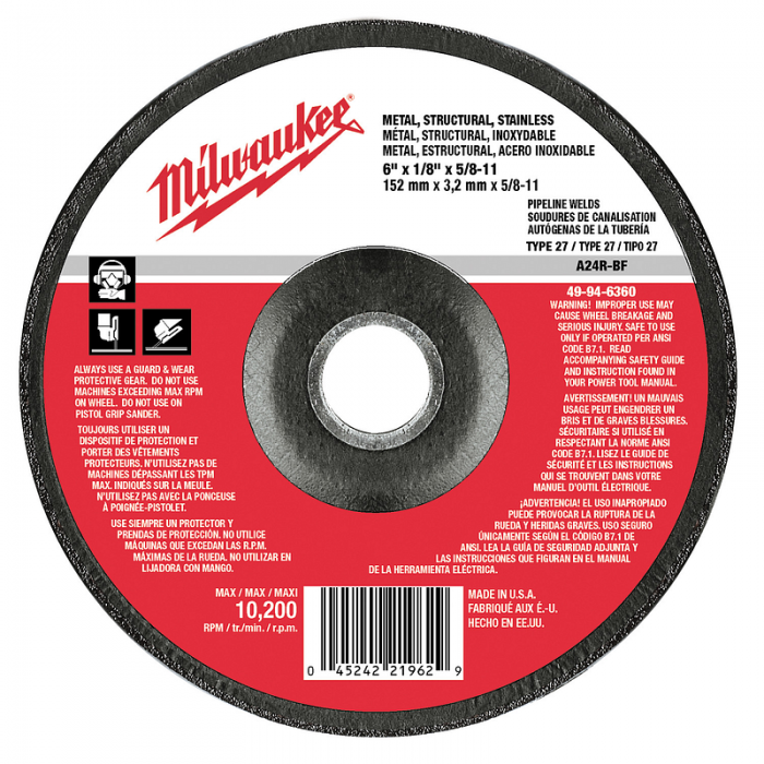 DISCO MILWAUKEE 49946360 P DESBASTE Y CORTE METAL 6IN X 18IN ORIFICIO FLECHA 58IN11 A30S 10185 RPM TIPO 27  image number null