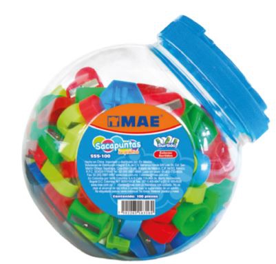 SACAPUNTAS MAE SSS100 PLASTICO BOTE CON 100 PZAS COLORES SURTIDOS  image number null