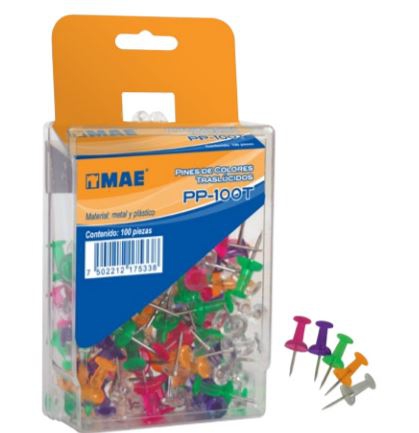 PINES MAE PP100T DE COLORES TRASLUCIDOS ESTUCHE CON 100 PZAS  image number null