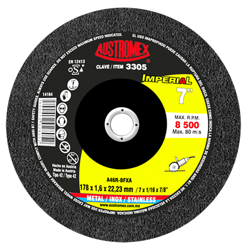 DISCO AUSTROMEX 3305 DE CORTE 2 EN 1 PARA ACERO AL CARBON Y ACERO INOXIDABLE DE 178 X 1.6 X 22.23 IMPERIAL TIPO 42 DIMENSION 178 X 1.6 X 22.23 ESPECIFICACION A46RBFXA INOX #  image number null
